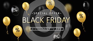 Black Friday Sale, banner, poster, logo. Golden color inscription on dark background with Shiny Balloons