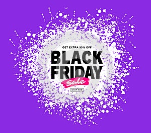 Black Friday sale banner. Purple color background. Splash white circle blots frame for sales and discounts. Vector