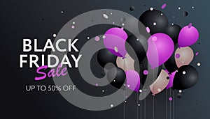 Black Friday sale banner with realistic balloons, confetti pink and black color