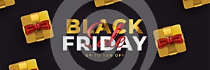 Black Friday Sale Banner with Realistic Gold Gift Boxes on Black Background