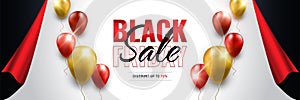 Black Friday Sale Banner with Red and Gold Helium Balloons and Open Gift Wrap Paper Background