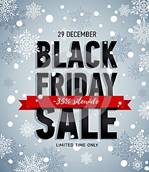 Black friday sale banner with red ribbon.Winter snowy poster.Online shopping. Trendy sale banner. Discount 35 sitewide