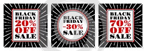 Black Friday sale banner set. Discount poster or background with light rays. Special offer, 20, 30, 70 percent price off design.