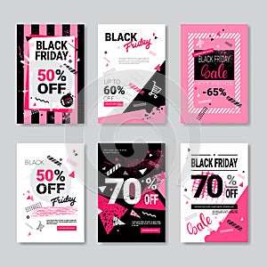 Black Friday Sale Banner Set Pink Posters Collection Grunge Design