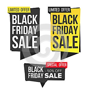 Black Friday Sale Banner Set Vector. Discount Banners. Friday Sale Banner Tag. Black Price Tag Labels. Isolated