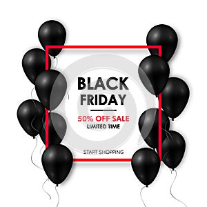 Black friday Sale banner. Shiny black balloons on white background with red frame.