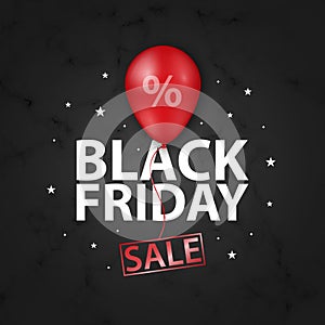 Black Friday Sale banner with shiny red balloon on black marble background.