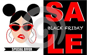 Black Friday Sale Banner with stylish girl with red glasses. Vector design illustration.