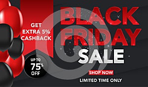 Black Friday Sale banner template background with red and black ballons and conffeti. Special offer. end of season, Template for b