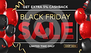 Black Friday Sale banner template background with red and black ballons and conffeti. Special offer. end of season, Template for b