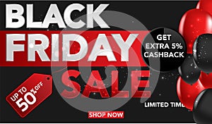 Black Friday Sale banner template background with red and black ballons and conffeti. Special offer. end of season, Template for b