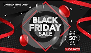 Black Friday Sale banner template background with red and black ballons and conffeti. Special offer. end of season, Template for b
