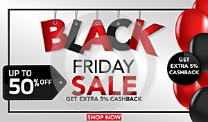 Black Friday Sale banner template background with red and black ballons and conffeti. Special offer. end of season, Template for b