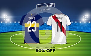 Black Friday Sale banner template design in sportswear concept. Soccer jersey or Football kit back view mockup.