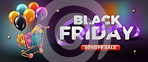 Black Friday sale banner template, Holiday event sale background with shopping carts, balloons, gift box, shopping bags and curve