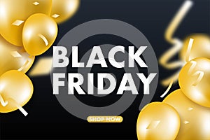 Black Friday sale banner vector background, gold ballons and conffeti