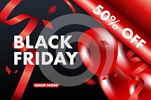 Black Friday sale banner vector background, red and black ballons and conffeti