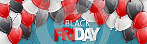 Black Friday sale banner. Website or newsletter header. Special offer discount.Lettering on blue background with balloons