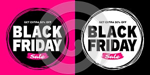Black Friday sale banners set. Pink color background. Scribble black circle frame for sales and discounts. Vector