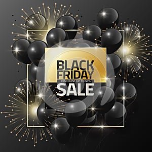 Black Friday sale on black balloons and firework for design template banner, Vector illustration photo