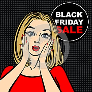 Black friday sale bubble and pop art astonished cute girl