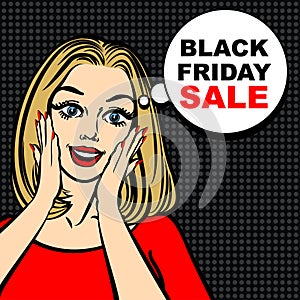 Black friday sale bubble and pop art astonished cute girl