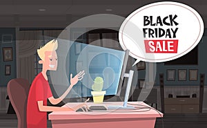 Black Friday Sale Chat Bubble Over Man Sitting At Computer Desktop Holiday Discounts Banner Design