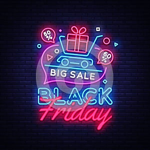 Black Friday Sale concept banner in fashionable neon style, luminous signboard. Nightly advertising of sales rebates of