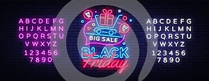 Black Friday Sale concept banner in fashionable neon style, luminous signboard. Nightly advertising of sales rebates of