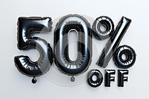 Black Friday Sale Concept with Shiny Black Balloons Forming 50 percent OFF on white Background