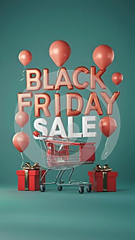 Black Friday sale concept with shopping cart, balloons, and gifts