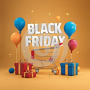 Black Friday sale concept with shopping cart, balloons, and gifts