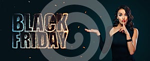 Black friday advertisement banner with girl. Neon sign at blackfriday november holiday. Template for promotion photo