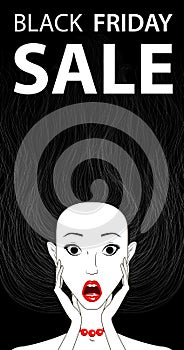 Black friday sale conceptual banner surprised girl, open mouth