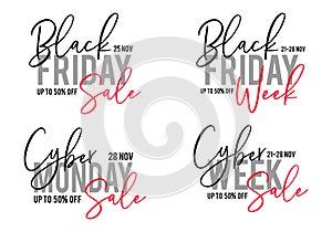 Black Friday sale, cyber Monday week, vector set for banner, labels, tags