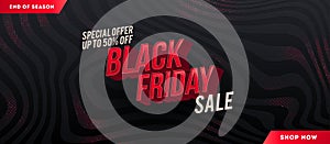 Black friday sale design. 3d red letters on a black abstract striped background. Design for black friday bann