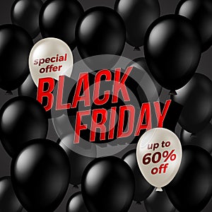 Black friday sale design, Illustration with black balloons and red three-dimensional headline.