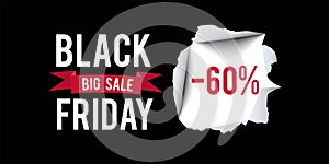 Black Friday sale design template. Black Friday 60 percent discount banner with black background. Vector illustration.
