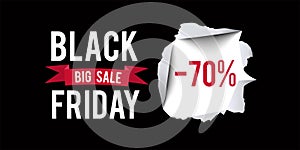 Black Friday sale design template. Black Friday 70 percent discount banner with black background. Vector illustration.