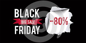 Black Friday sale design template. Black Friday 80 percent discount banner with black background. Vector illustration.