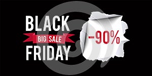 Black Friday sale design template. Black Friday 90 percent discount banner with black background. Vector illustration. photo