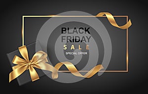 Black friday sale design template. Decorative black gift box with golden bow and long ribbon. Vector illustration photo