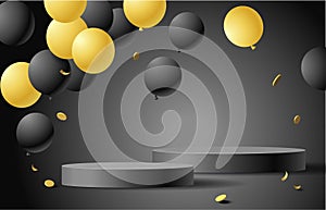 Black friday sale design template. Festive background with black and gold flying balloon, confetti coin and black round podium