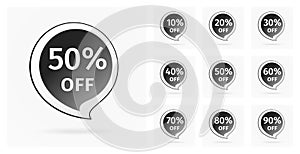 Black Friday Sale Discount Banner. Set of Discounts from 10 to 90 percent. Discount label in the form of the black speech bubble