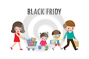 Black Friday Sale Event, Happy family shopping, parents and children with purchases on cart, Big sale. Purchasing of goods