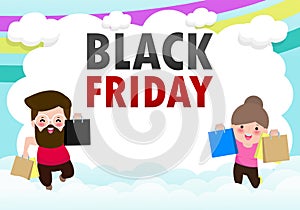 Black Friday Sale Event People Characters cartoon with Shopping Bag on sky and Cloud, Advertising Poster Banner Big Discount Promo