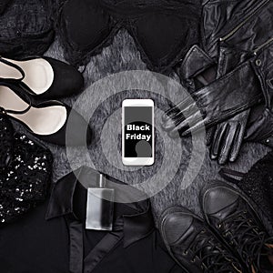 Black Friday Sale Fashion Background. Clothes Flat Lay with Shoes, Fragrance, Lingerie and Phone. Offer Shop Concept