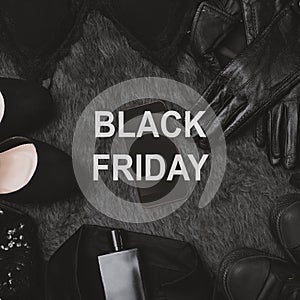 Black Friday Sale Fashion Background. Clothes Flat Lay with Shoes, Fragrance, Lingerie and Phone. Offer Shop Concept