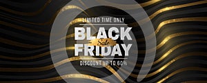 Black Friday Sale futuristic banner. Abstract, 3D, golden, glittering waveforms background. Fashion advertising promotion template