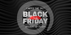 Black Friday Sale futuristic banner. Abstract, 3d waveforms background. Fashion advertising promotion template. Commercial